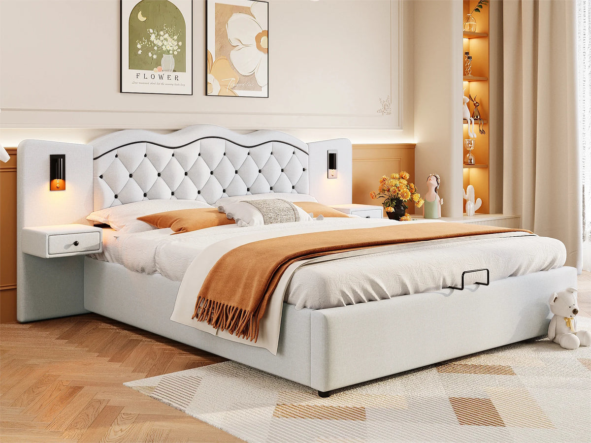Lit Coffre 180x200 Tissu Lin Beige avec Chevets, LED et Port USB