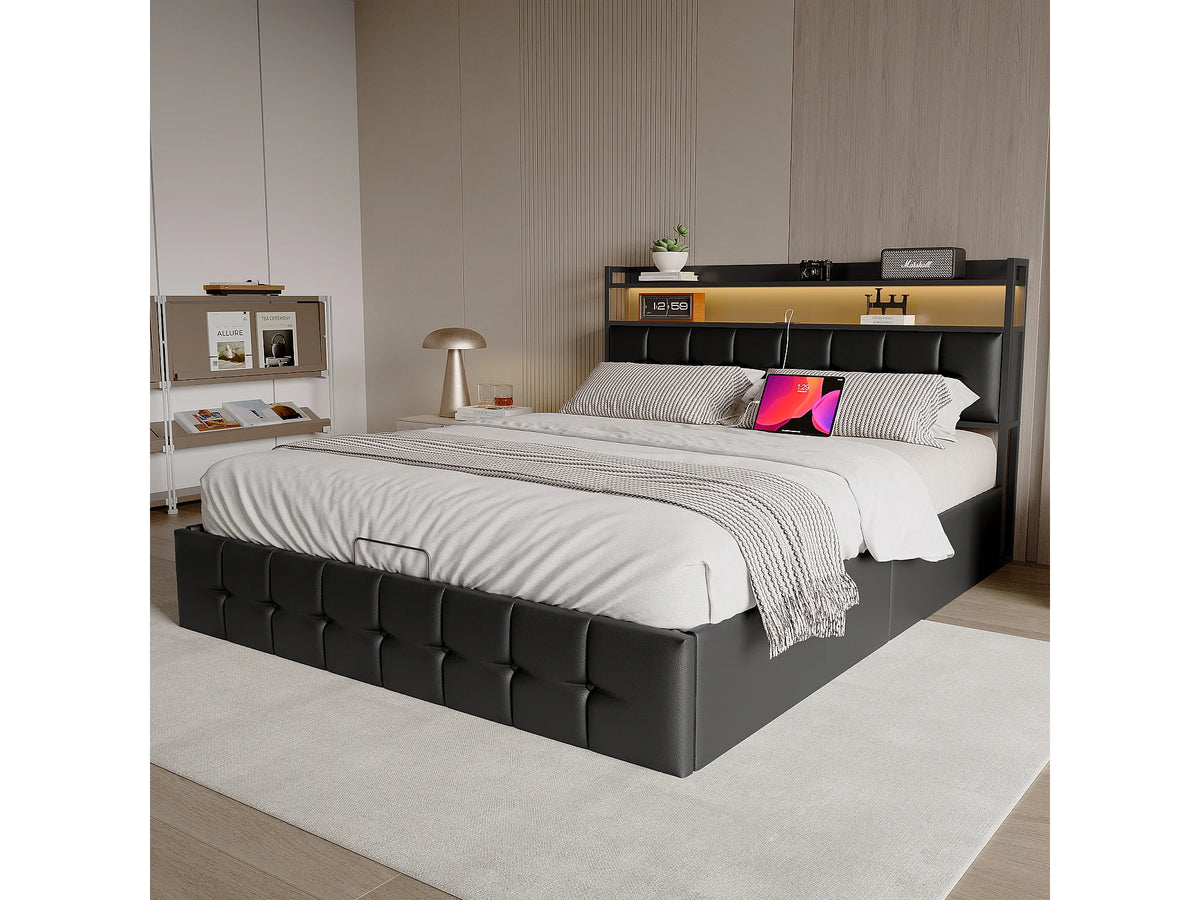 Lit Coffre 140x200 Simili Cuir Noir avec LED et Port USB — vue 2