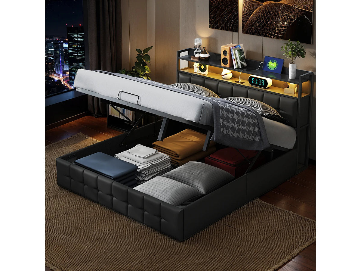 Lit Coffre 140x200 Simili Cuir Noir avec LED et Port USB — vue 3