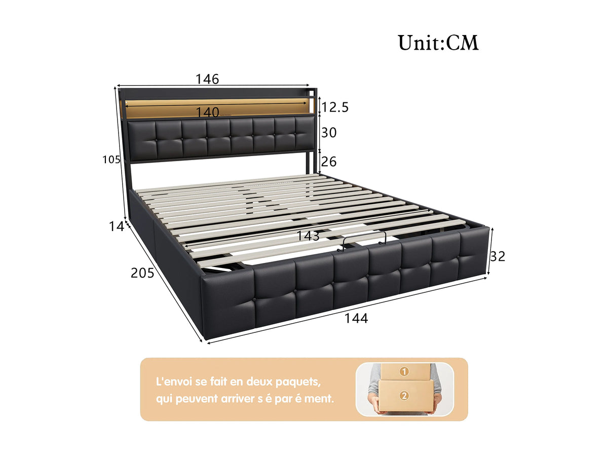 Lit Coffre 140x200 Simili Cuir Noir avec LED et Port USB — vue 7