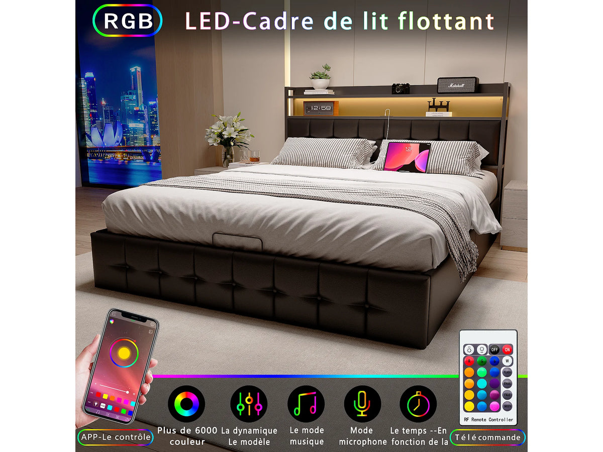 Lit Coffre 140x200 Simili Cuir Noir avec LED et Port USB — vue 4