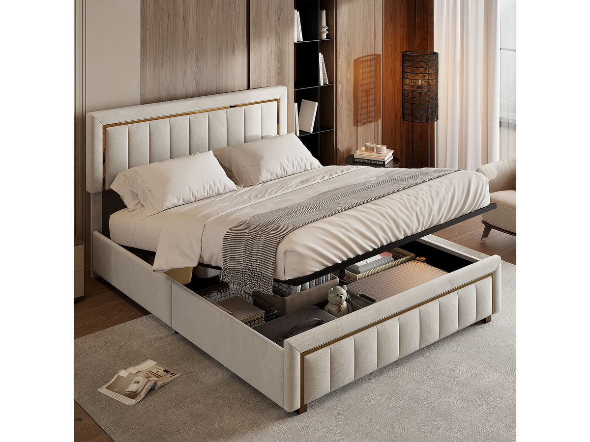 Lit Coffre 140x200 Velours Beige