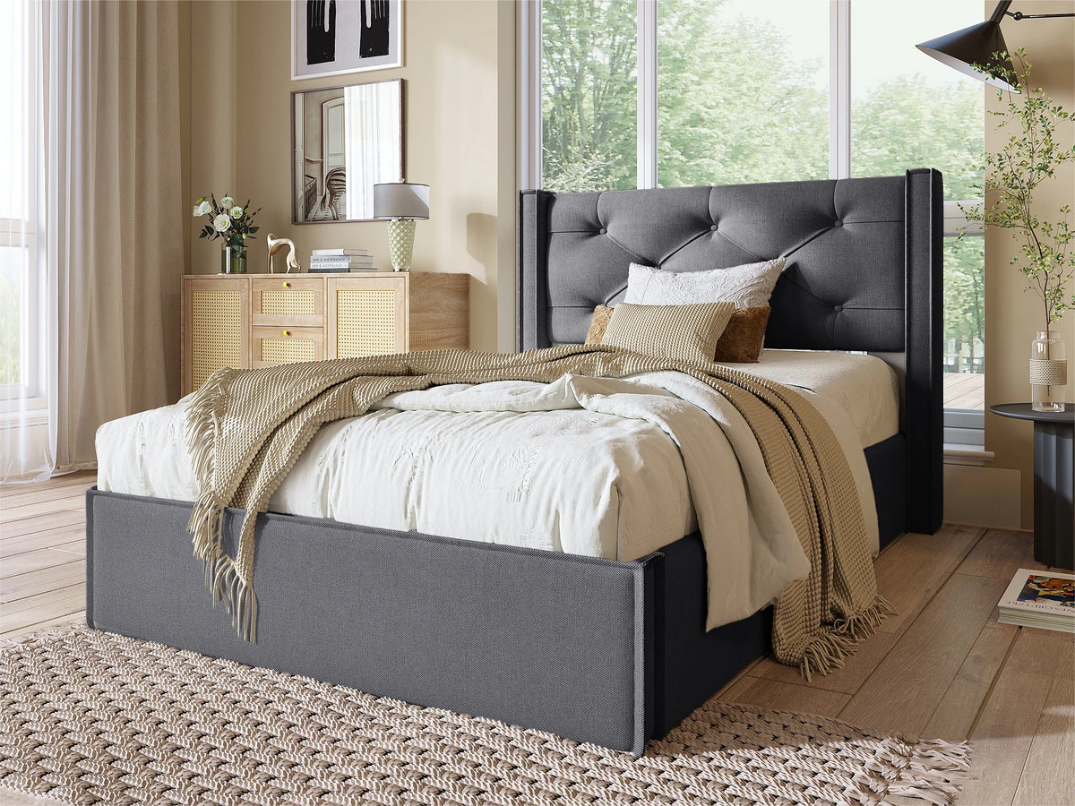 Lit Coffre 90x200 Tissu Gris Capitonné
