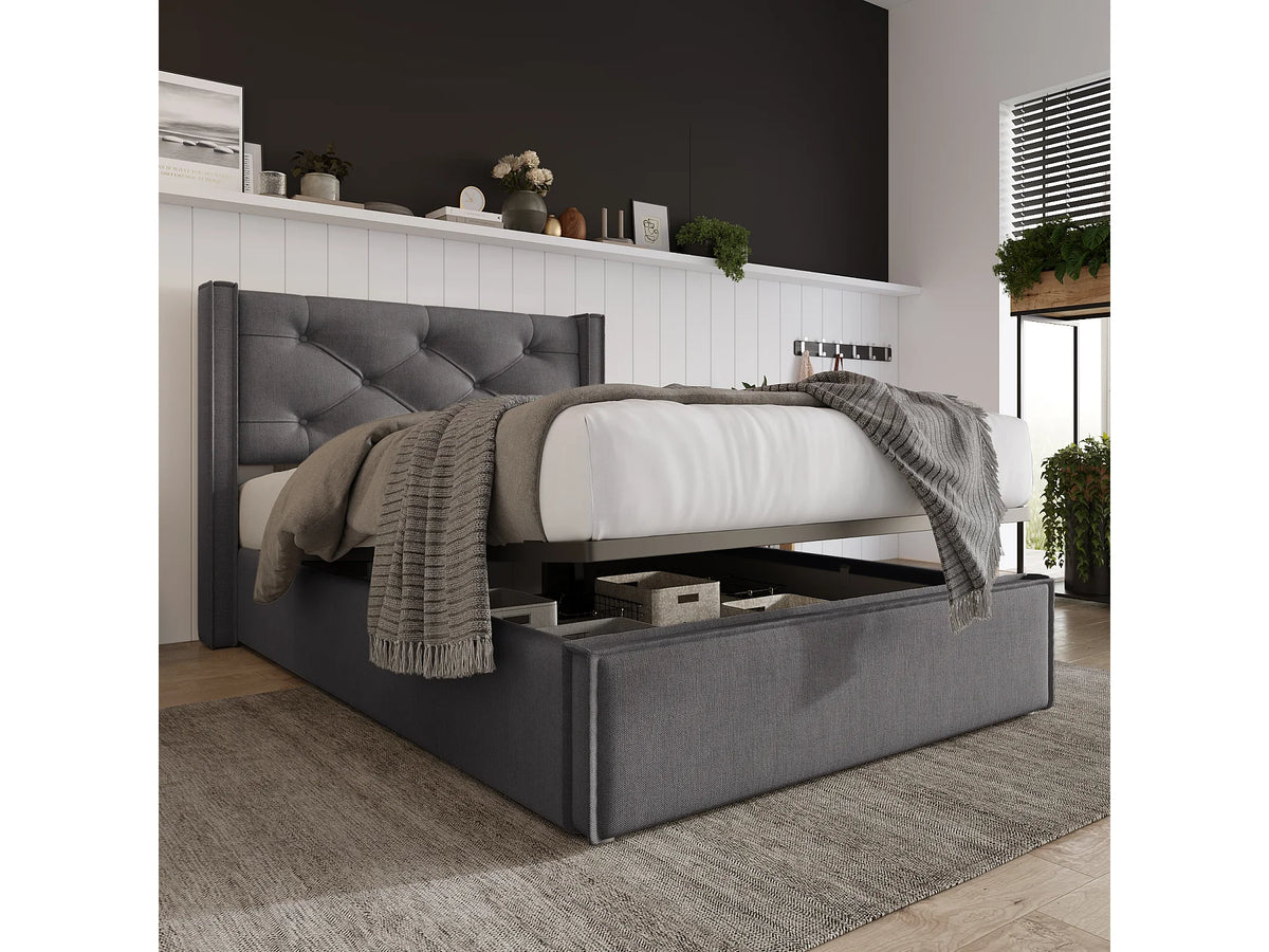 Lit Coffre 90x200 Tissu Gris Capitonné — vue 2