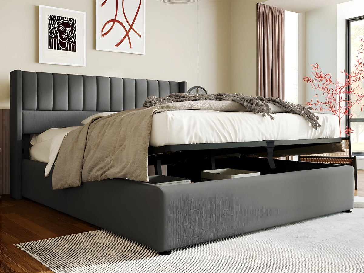 Lit Coffre 180x200 Tissu Lin Gris