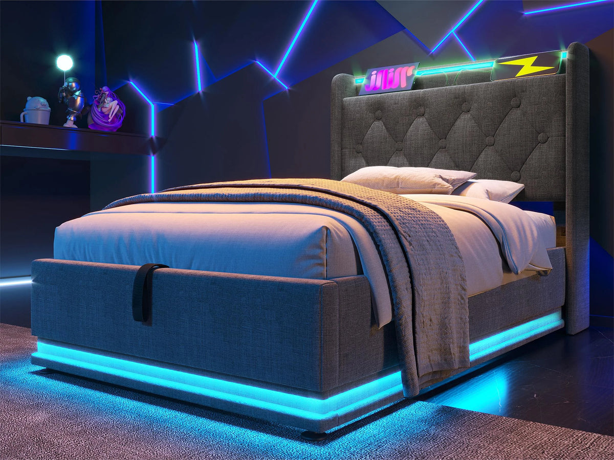 Lit Coffre 90x200 Tissu Lin Gris avec LED et Port USB