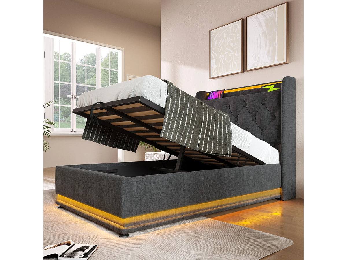 Lit Coffre 90x200 Tissu Lin Gris avec LED et Port USB — vue 2