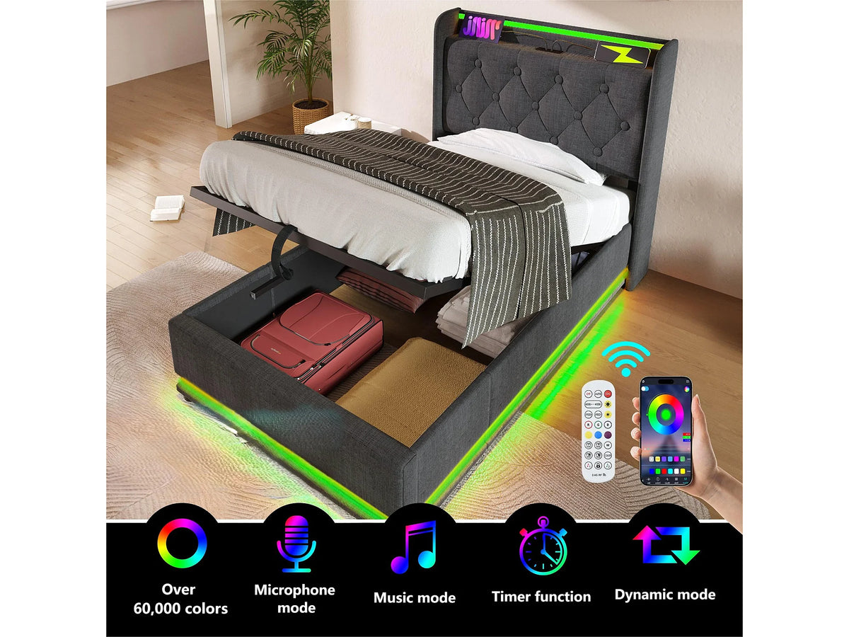 Lit Coffre 90x200 Tissu Lin Gris avec LED et Port USB — vue 3