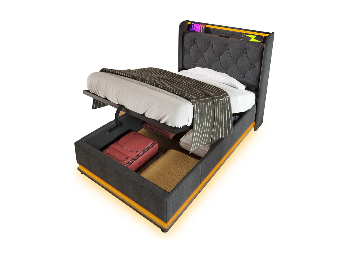 Lit Coffre 90x200 Tissu Lin Gris avec LED et Port USB — vue 4