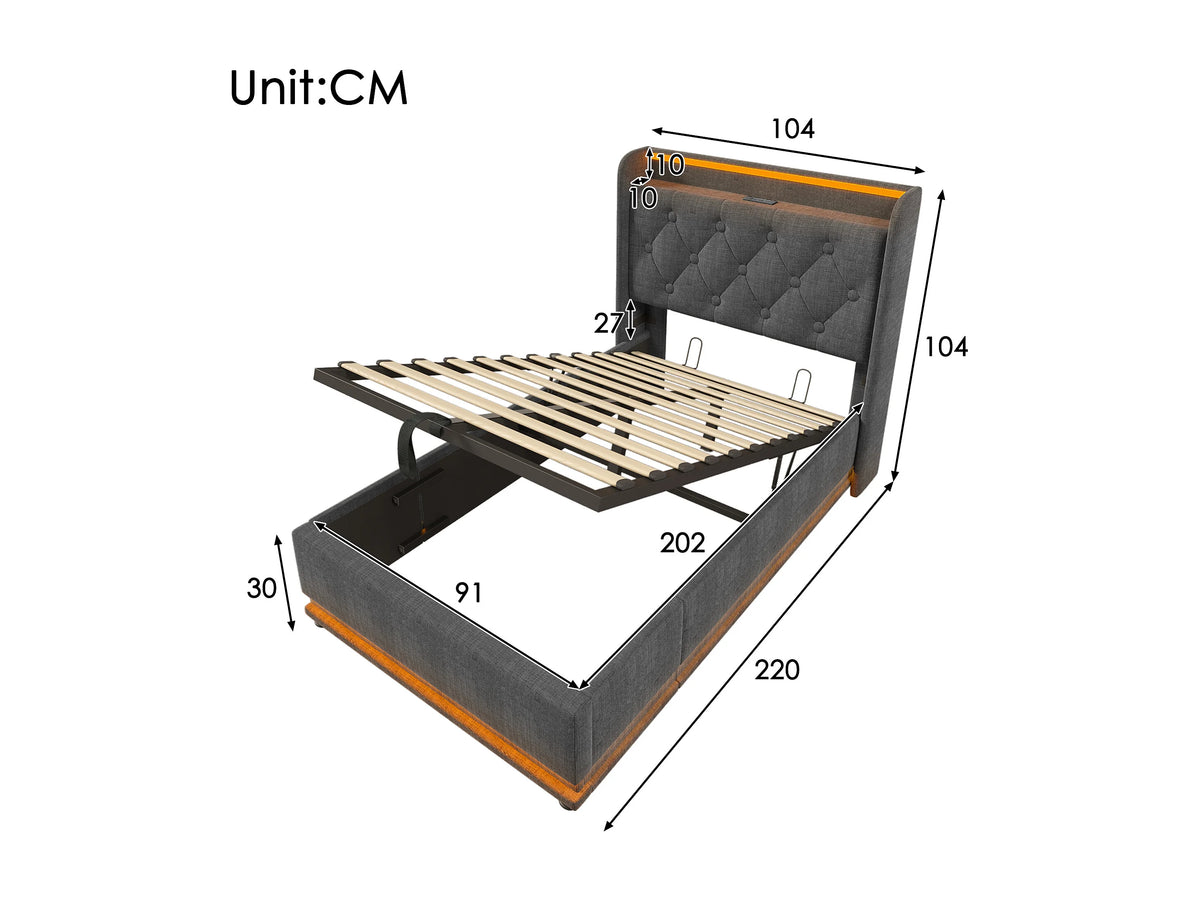Lit Coffre 90x200 Tissu Lin Gris avec LED et Port USB — vue 8