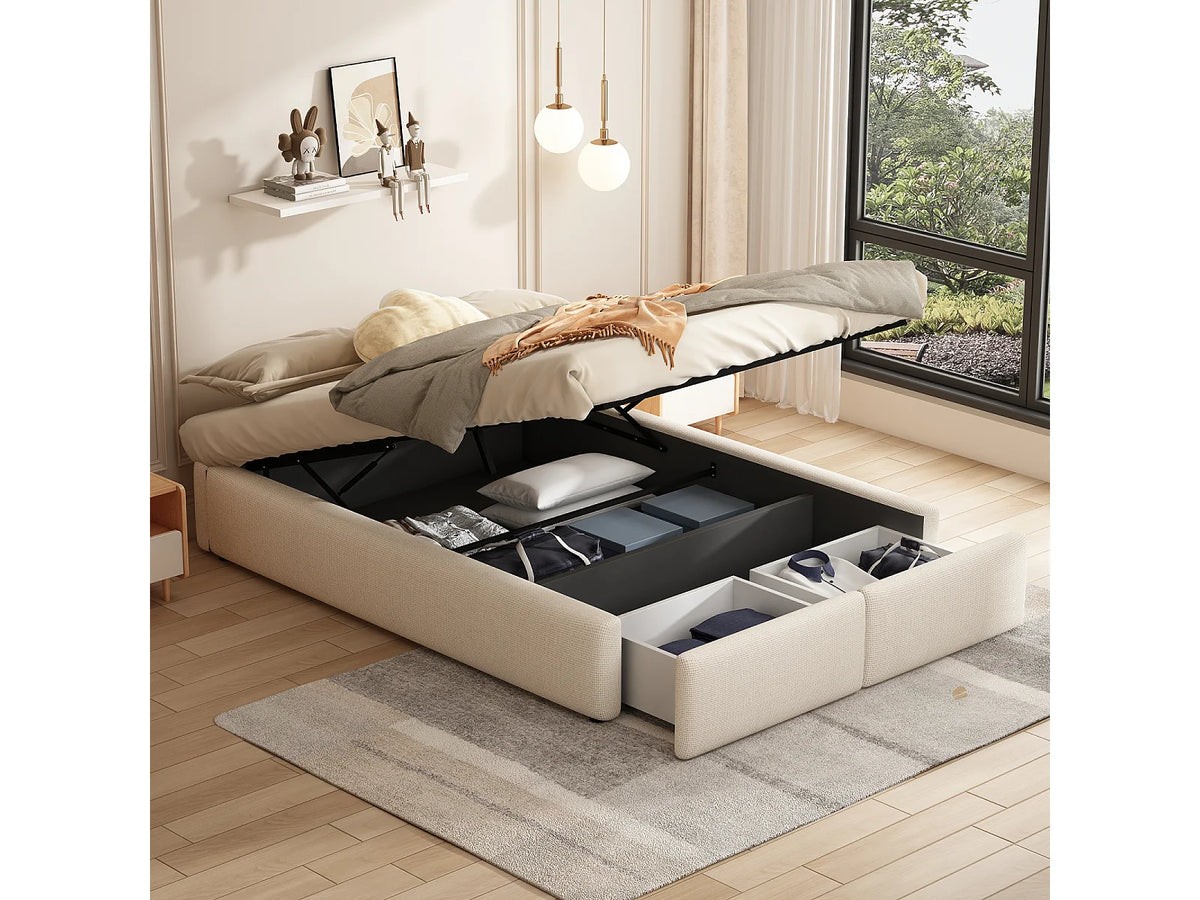 Lit Coffre 160x200 Tissu Lin Beige avec Tiroirs