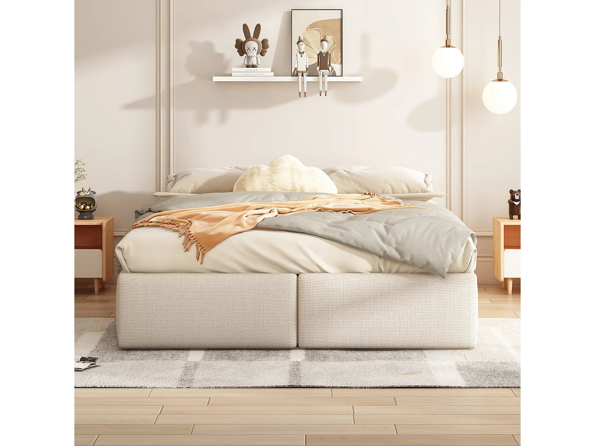 Lit Coffre 160x200 Tissu Lin Beige avec Tiroirs — vue 3