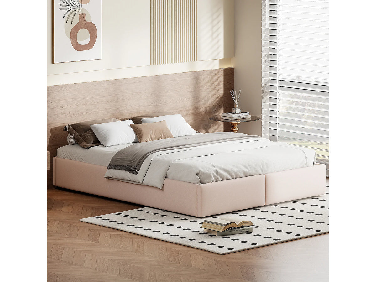 Lit Coffre 160x200 Tissu Lin Beige avec Tiroirs — vue 4