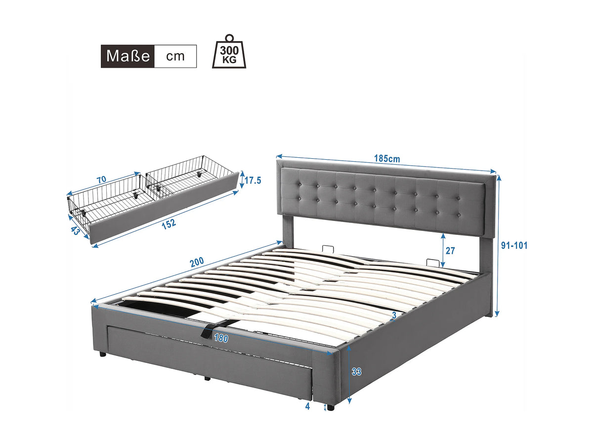 Lit Coffre 180x200 Velours Gris avec Tiroirs — vue 9