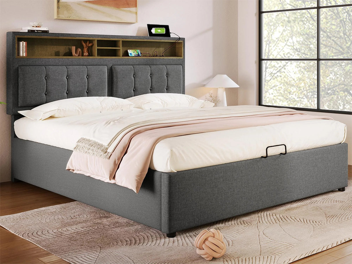 Lit Coffre 140x200 Tissu Lin Gris avec Port USB
