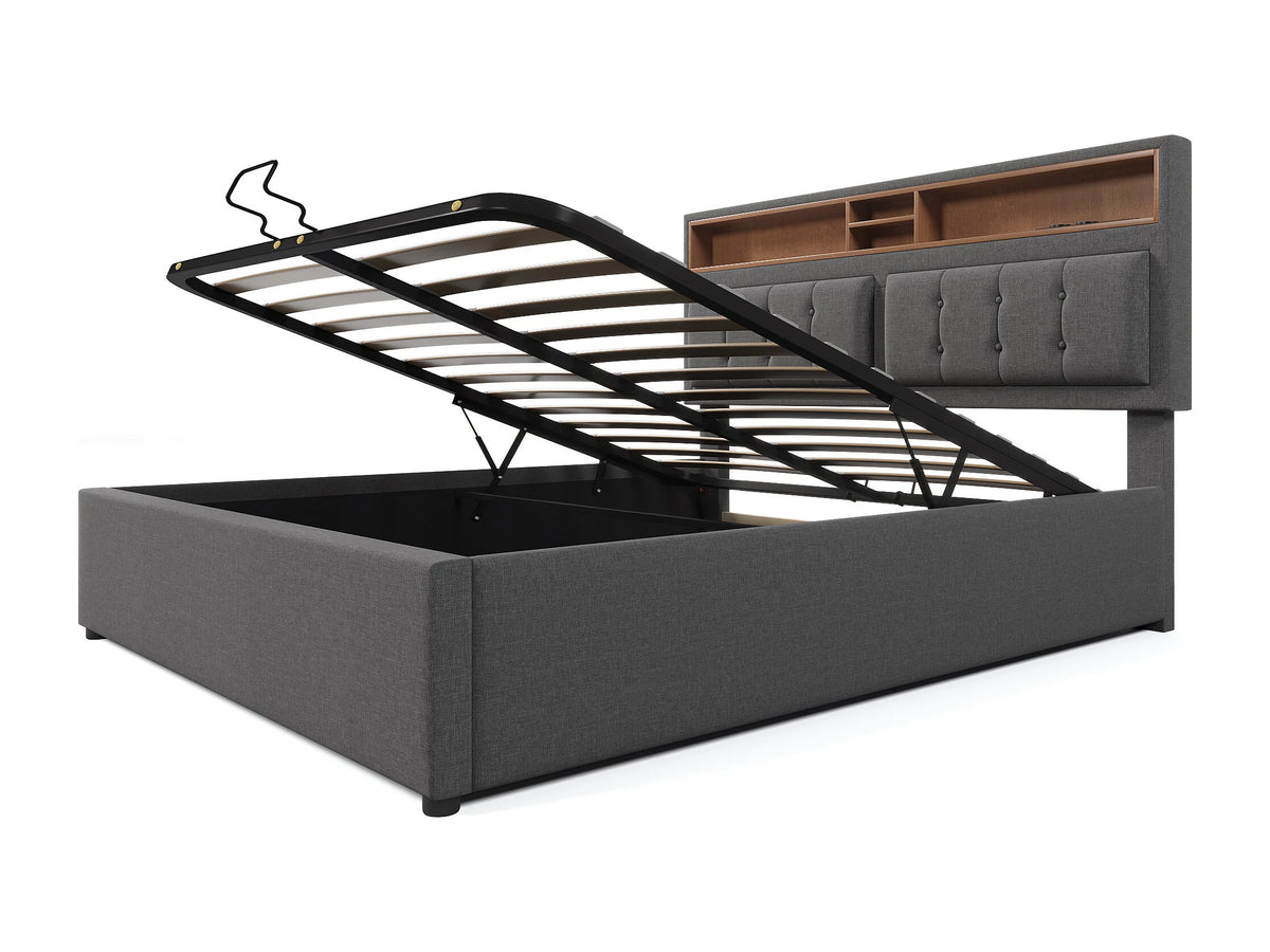 Lit Coffre 140x200 Tissu Lin Gris avec Port USB — vue 10