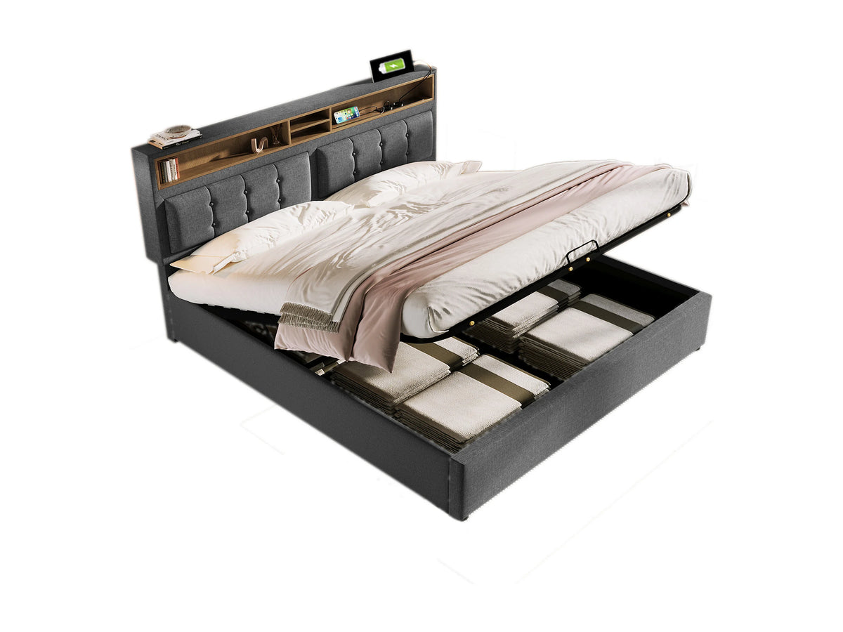 Lit Coffre 140x200 Tissu Lin Gris avec Port USB — vue 6