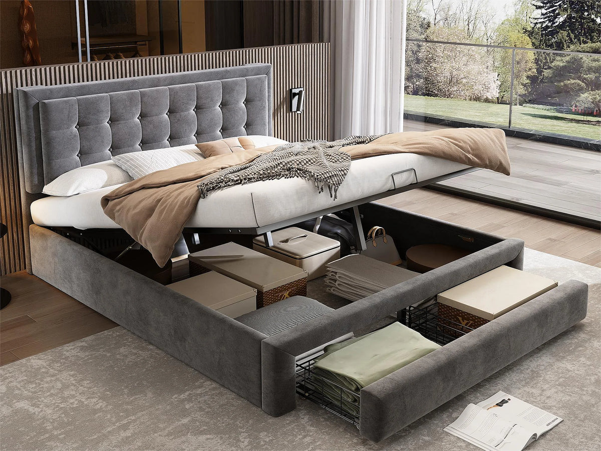 Lit Coffre 160x200 Velours Gris Capitonné avec Tiroirs
