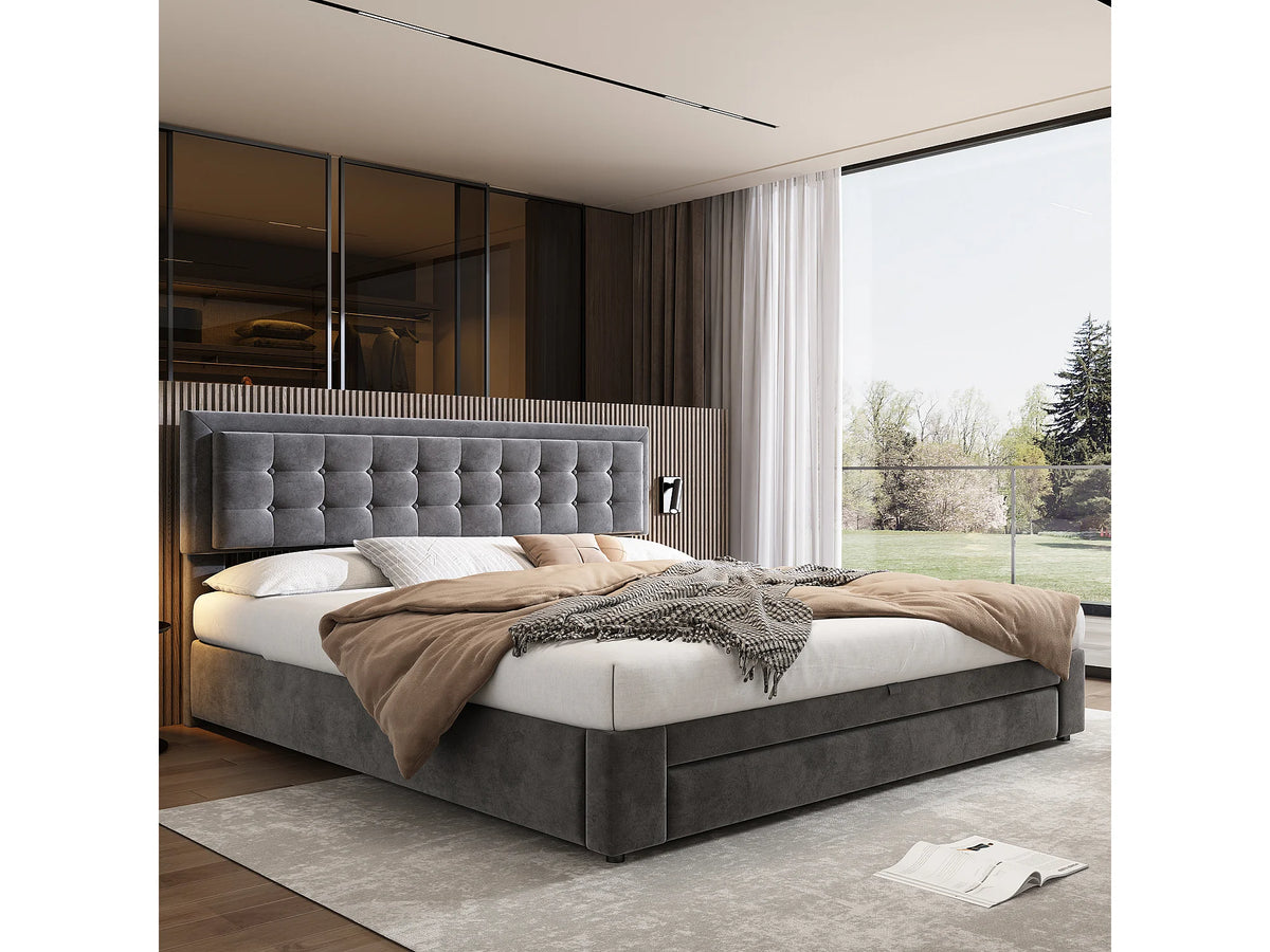 Lit Coffre 160x200 Velours Gris Capitonné avec Tiroirs — vue 2