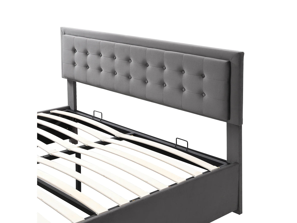 Lit Coffre 160x200 Velours Gris Capitonné avec Tiroirs — vue 7