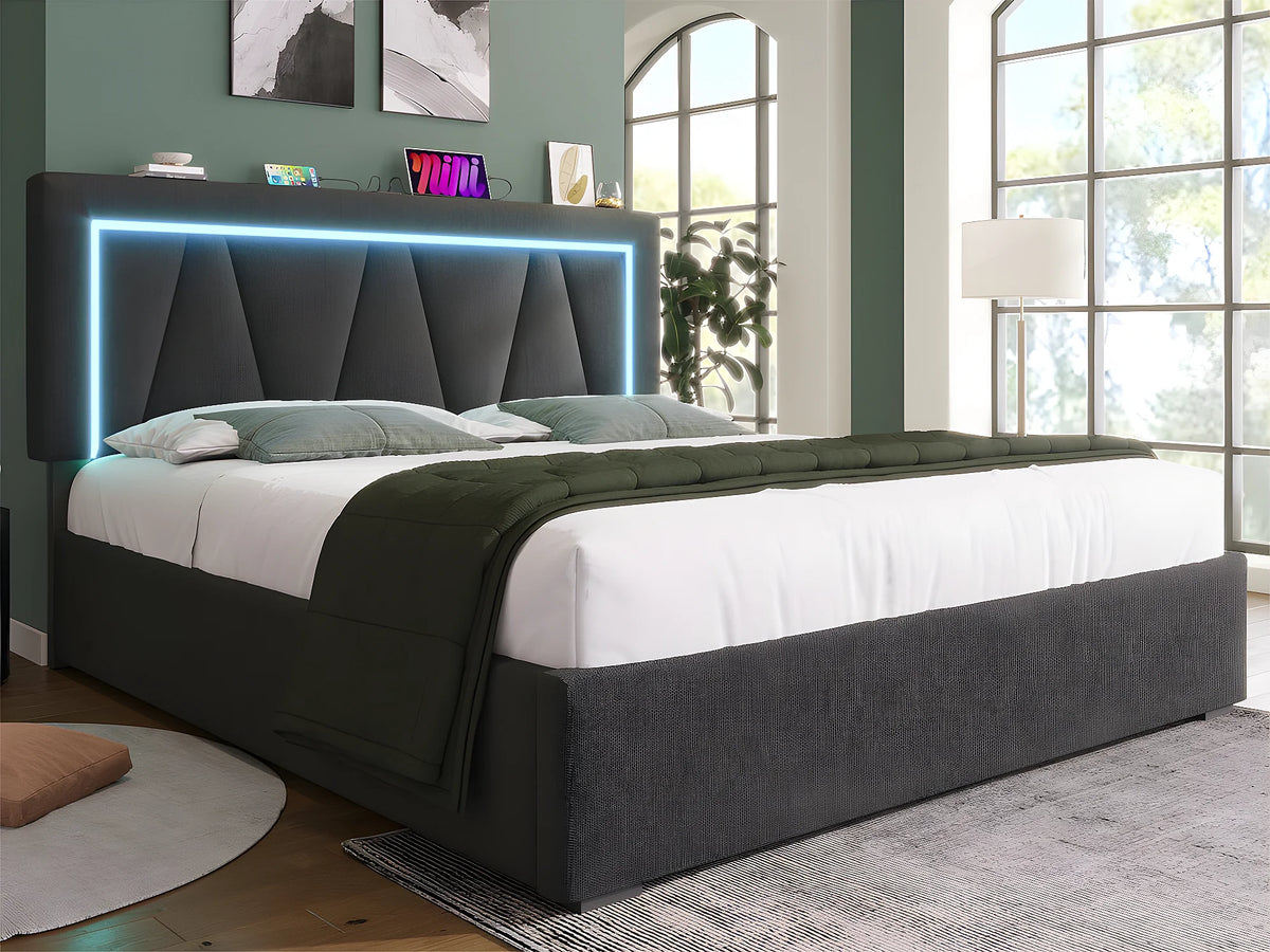 Lit Coffre 140x200 Tissu Lin Gris avec LED et Port USB
