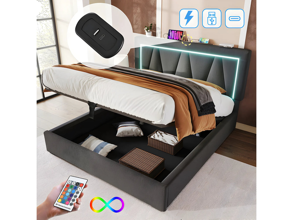 Lit Coffre 140x200 Tissu Lin Gris avec LED et Port USB — vue 2