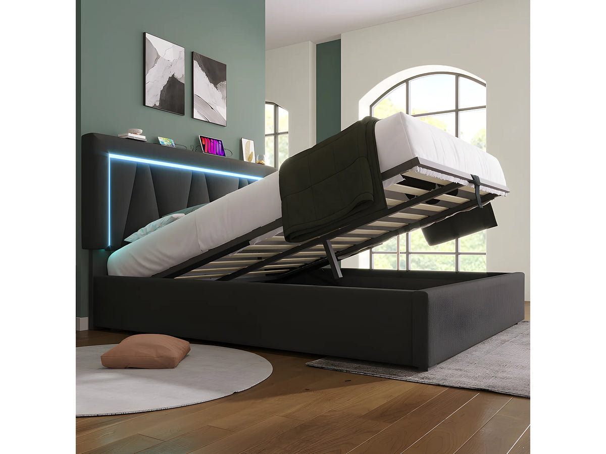 Lit Coffre 140x200 Tissu Lin Gris avec LED et Port USB — vue 3