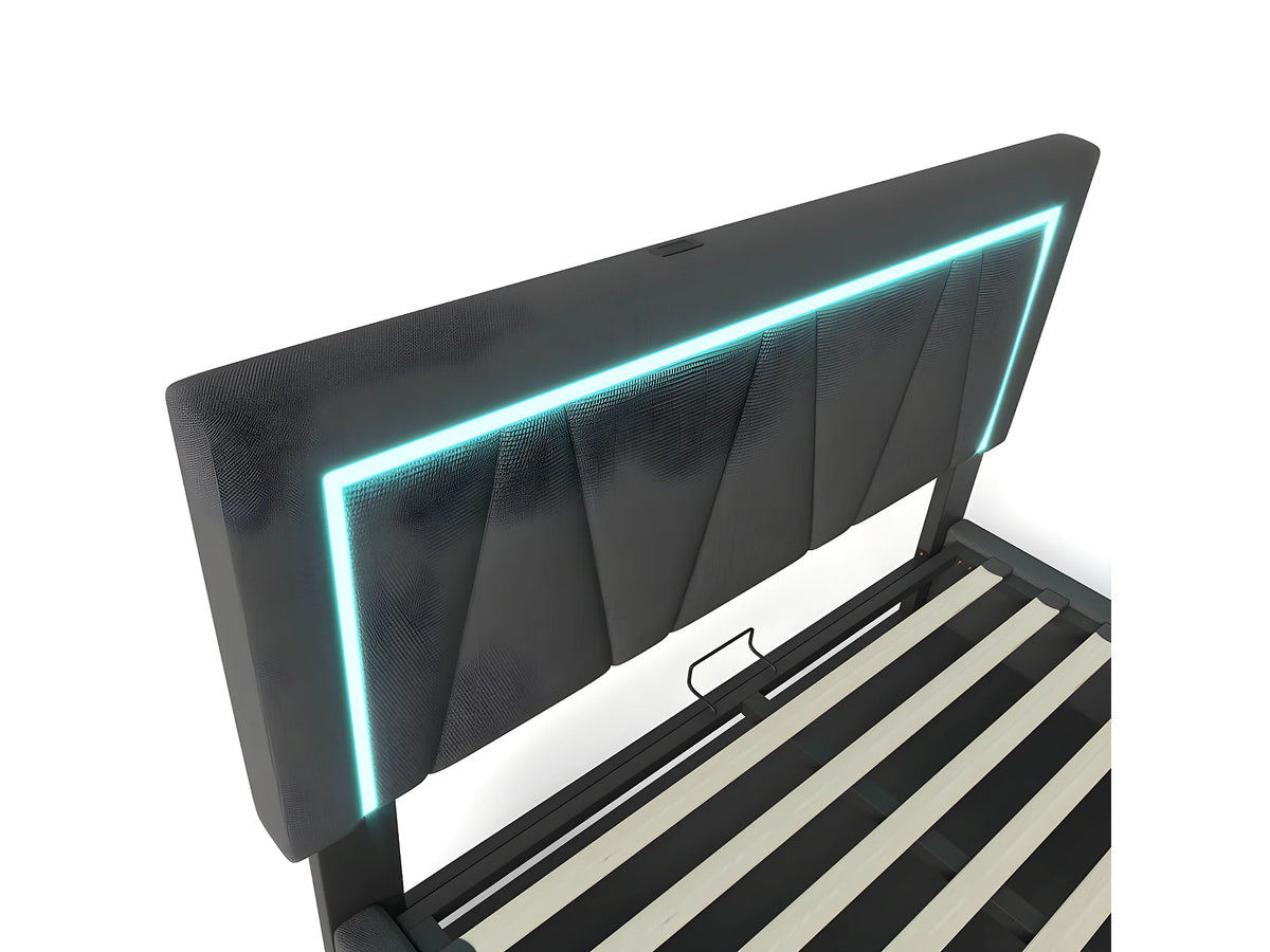 Lit Coffre 140x200 Tissu Lin Gris avec LED et Port USB — vue 7