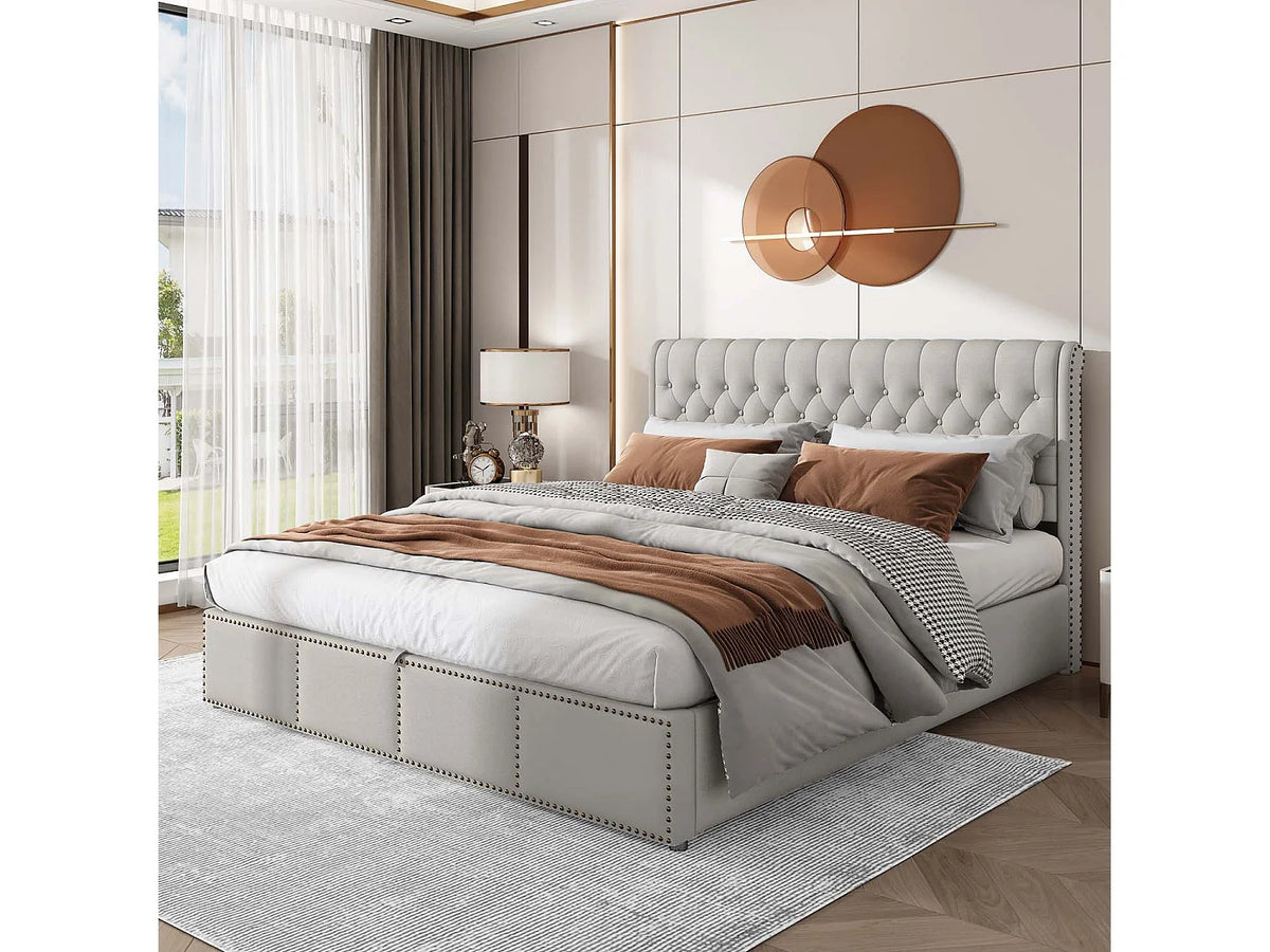 Lit Coffre 180x200 Tissu Lin Gris clair — vue 2