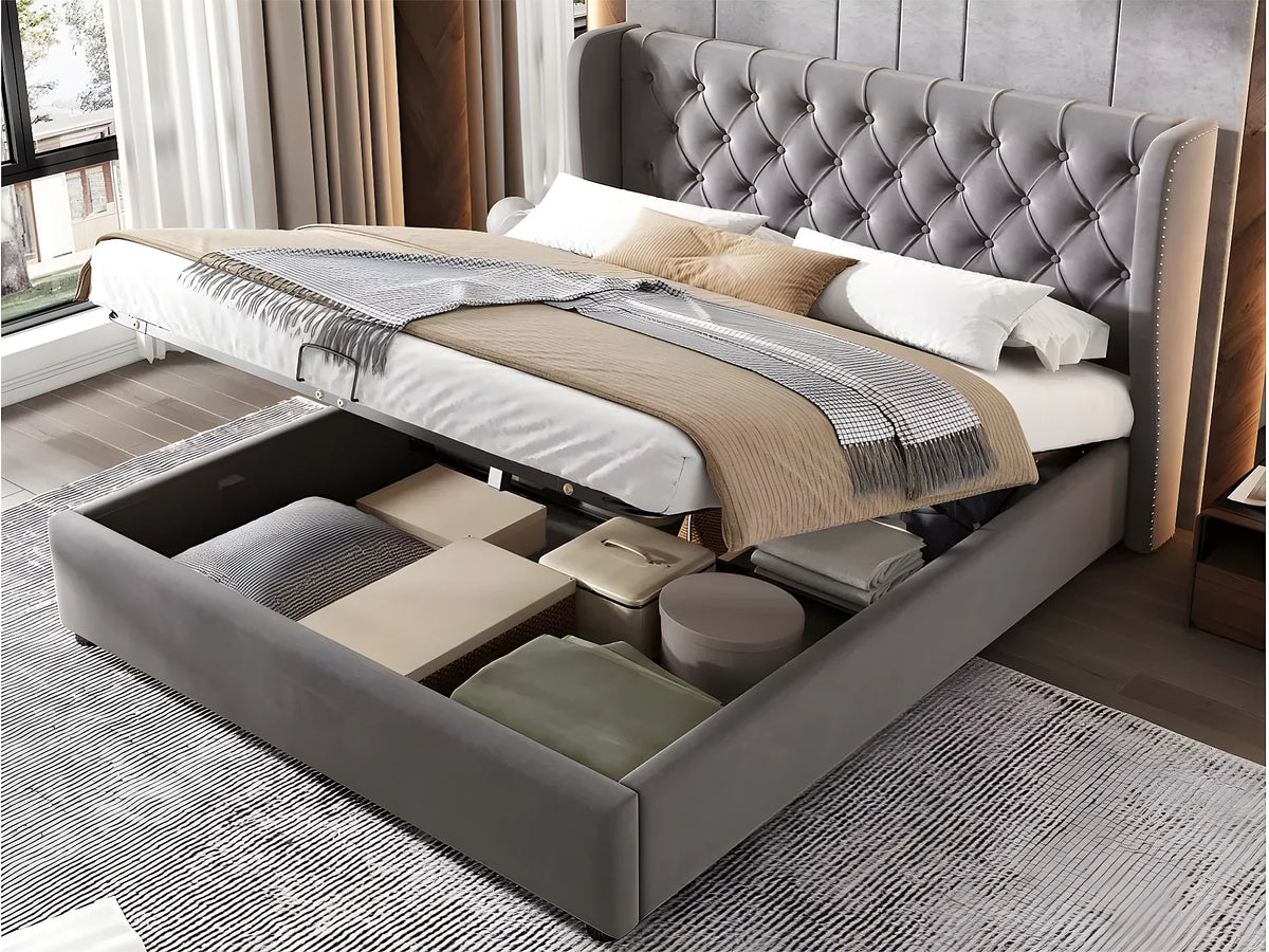 Lit Coffre 140x190 Velours Gris Capitonné