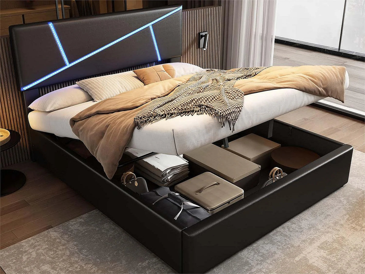 Lit Coffre 140x200 Simili Cuir Noir avec LED