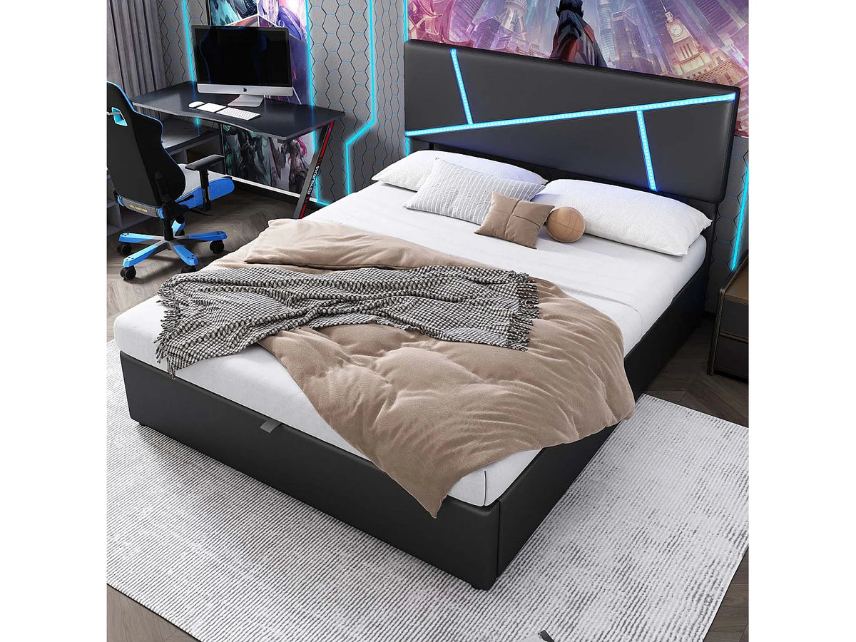 Lit Coffre 140x200 Simili Cuir Noir avec LED — vue 2