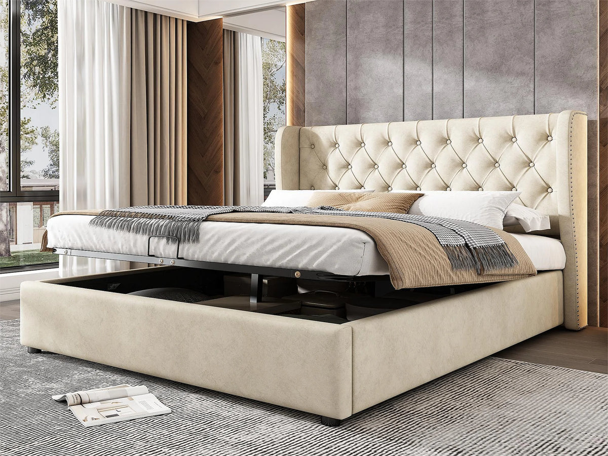 Lit Coffre 180x200 Velours Beige Capitonné