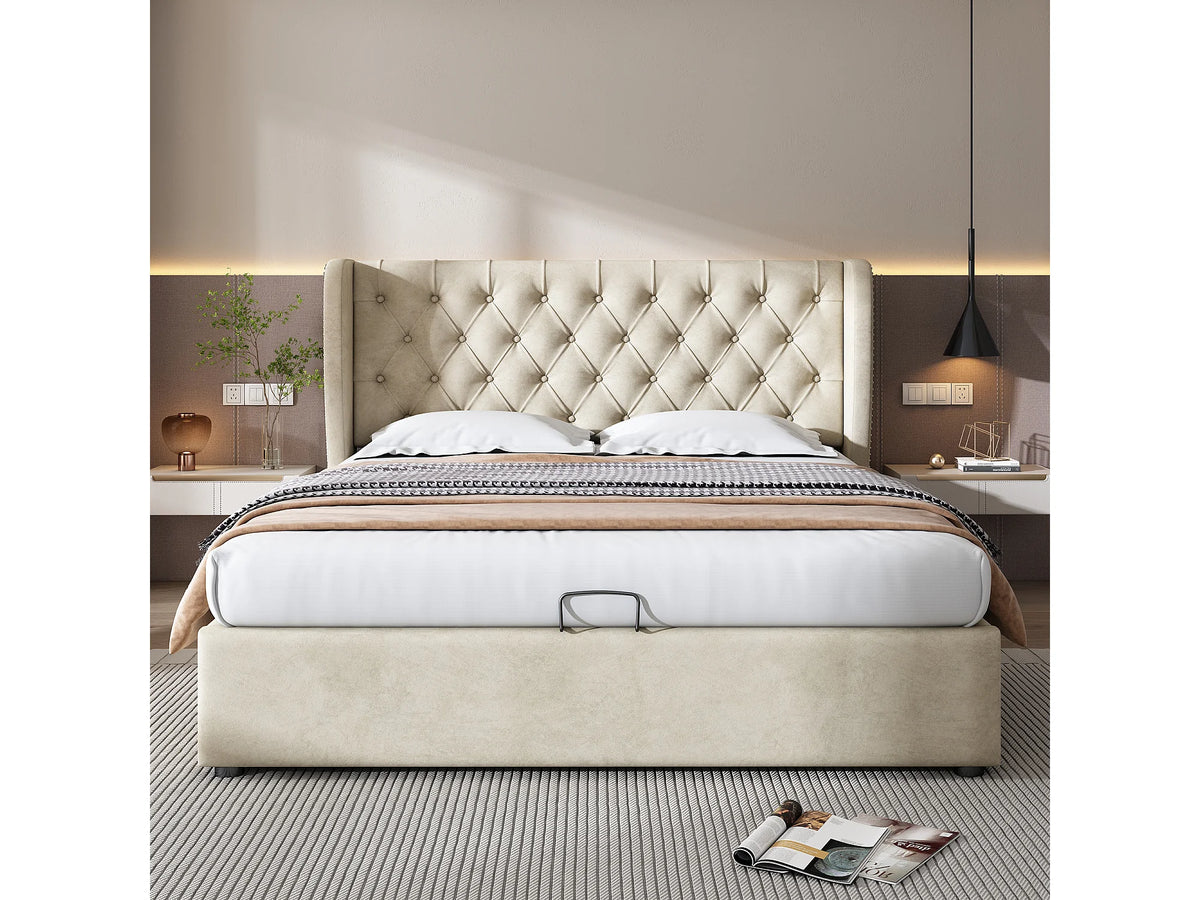Lit Coffre 180x200 Velours Beige Capitonné — vue 3