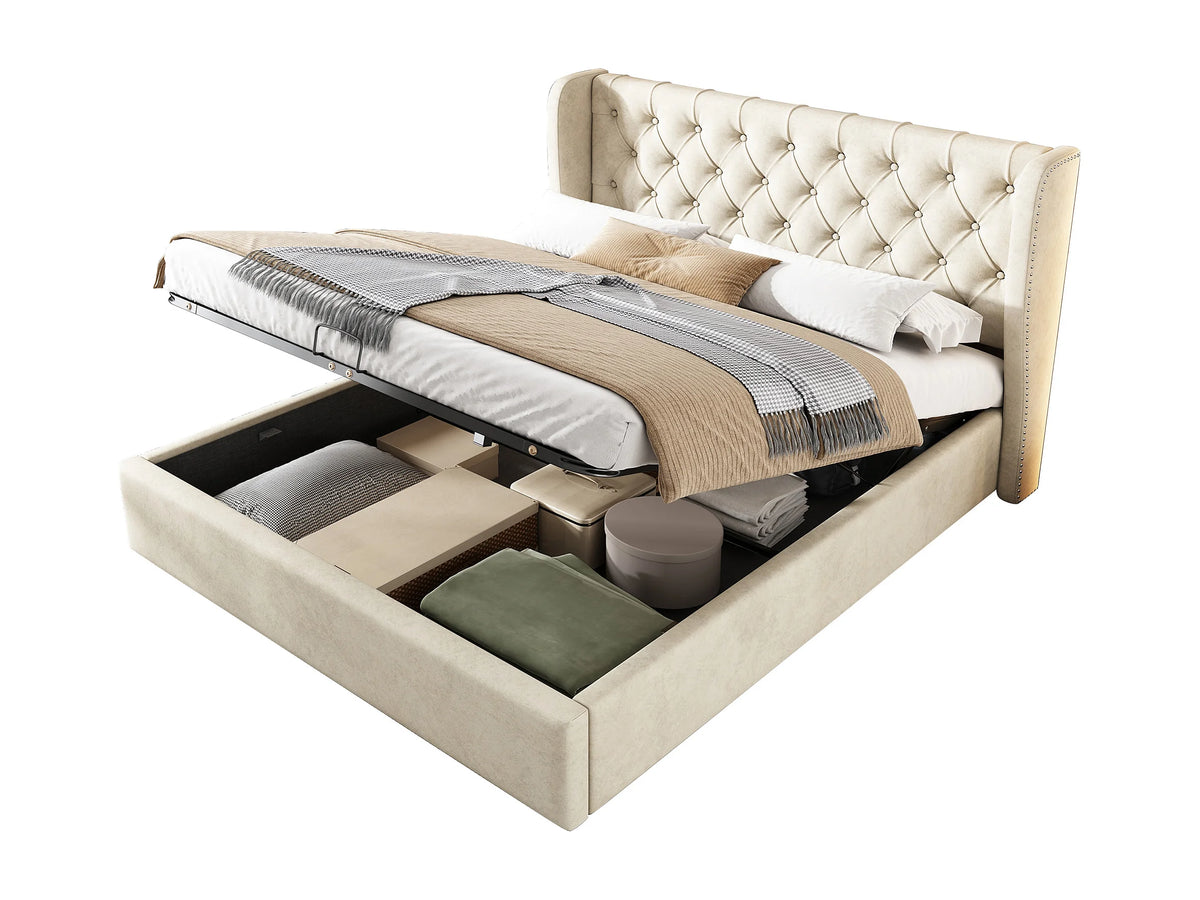 Lit Coffre 180x200 Velours Beige Capitonné — vue 4