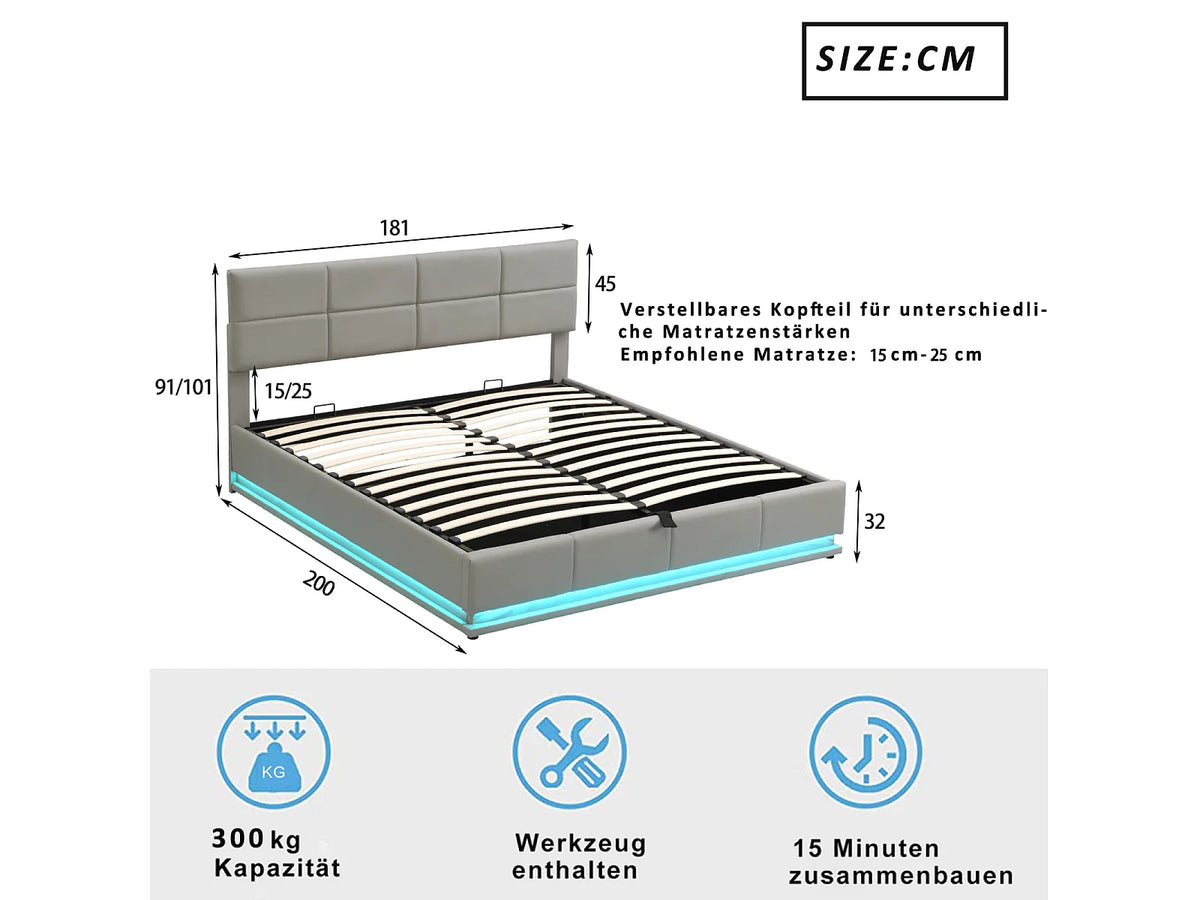 Lit Coffre 180x200 Simili Cuir Gris clair Capitonné avec LED — vue 7