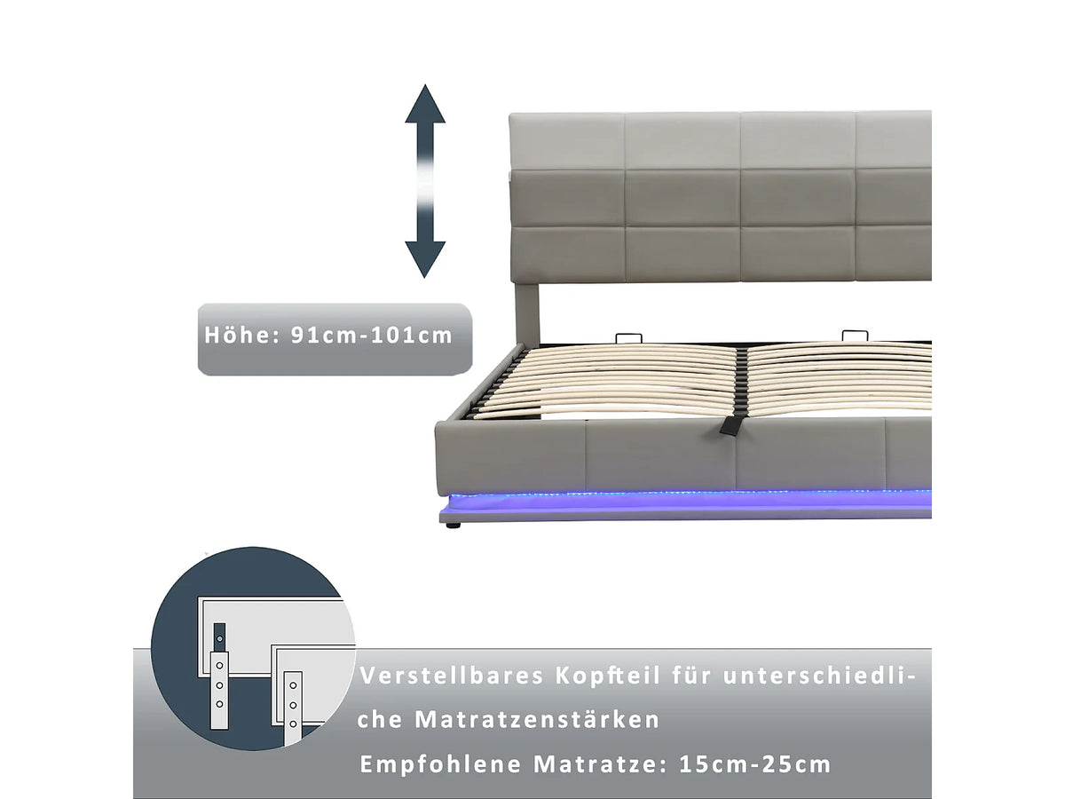 Lit Coffre 180x200 Simili Cuir Gris clair Capitonné avec LED — vue 10
