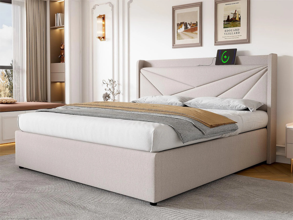Lit Coffre 160x200 Tissu Lin Beige avec Port USB