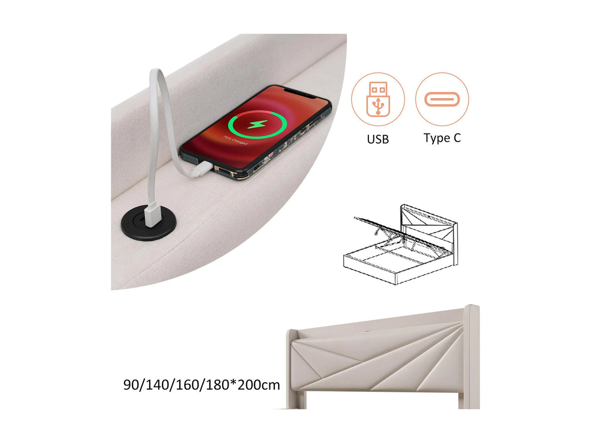 Lit Coffre 160x200 Tissu Lin Beige avec Port USB — vue 5
