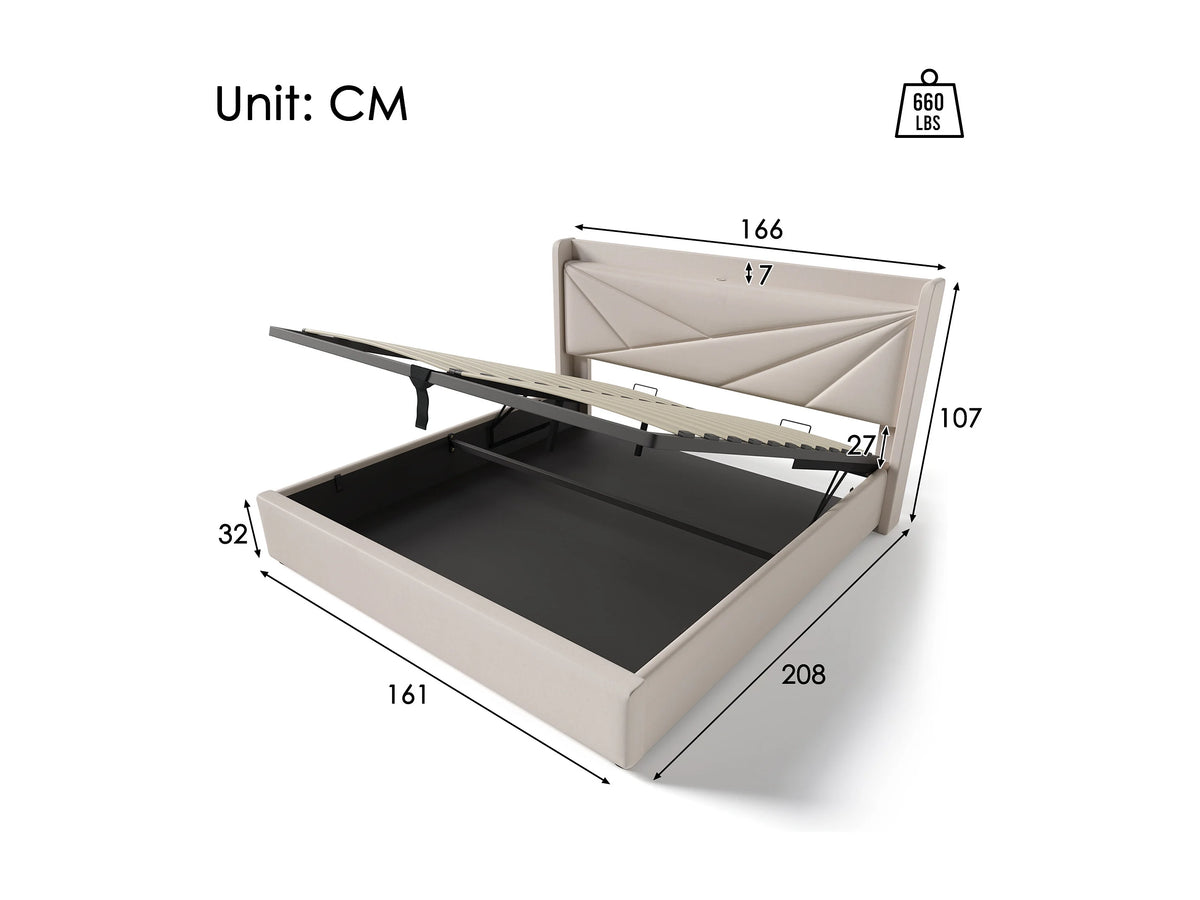 Lit Coffre 160x200 Tissu Lin Beige avec Port USB — vue 6