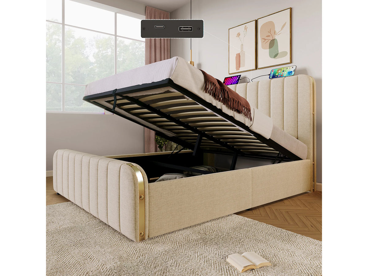 Lit Coffre 140x200 Tissu Lin Beige avec Port USB