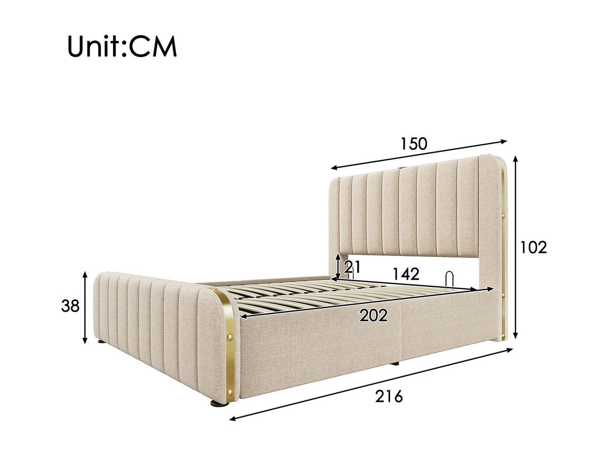 Lit Coffre 140x200 Tissu Lin Beige avec Port USB — vue 6