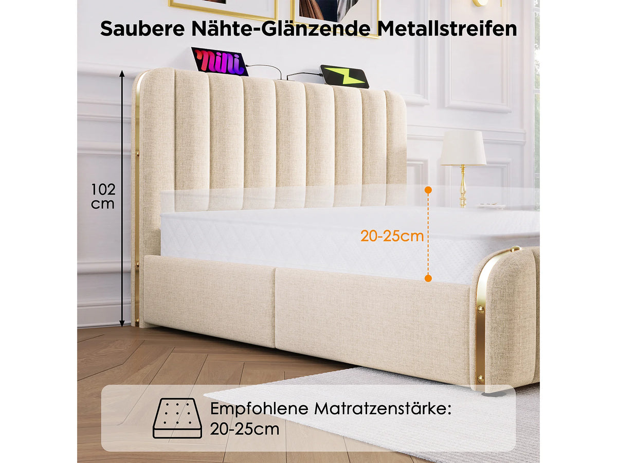 Lit Coffre 140x200 Tissu Lin Beige avec Port USB — vue 9