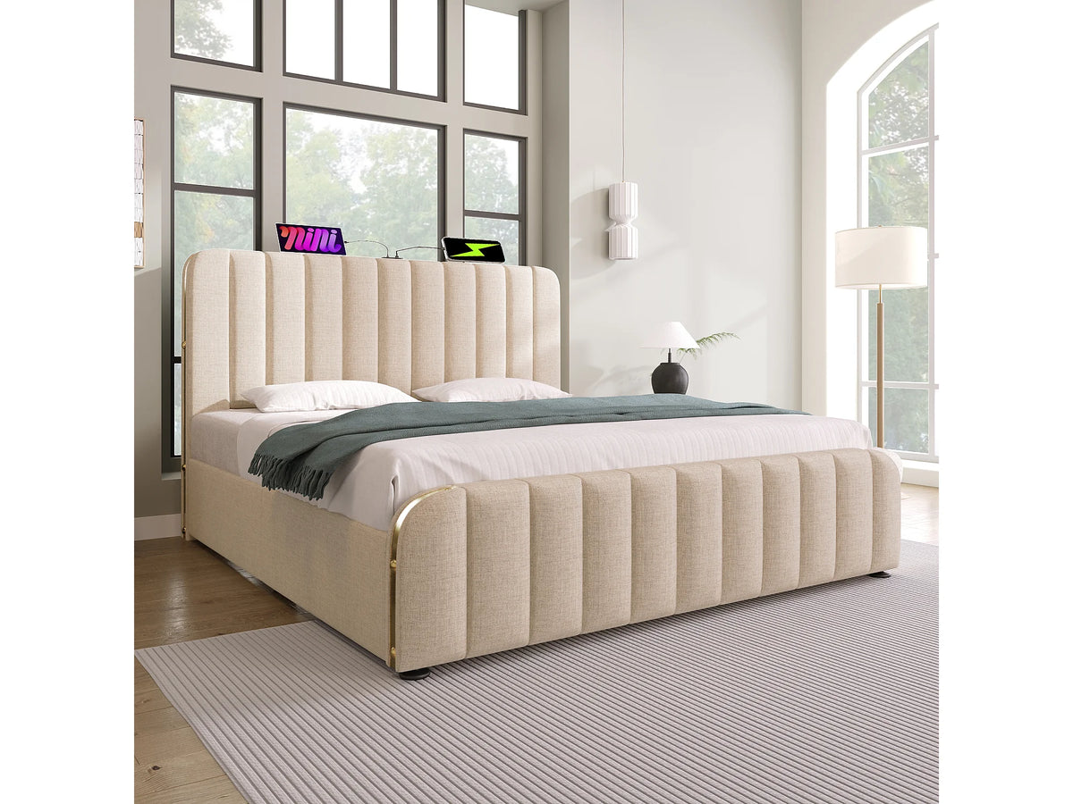 Lit Coffre 140x200 Tissu Lin Beige avec Port USB — vue 2