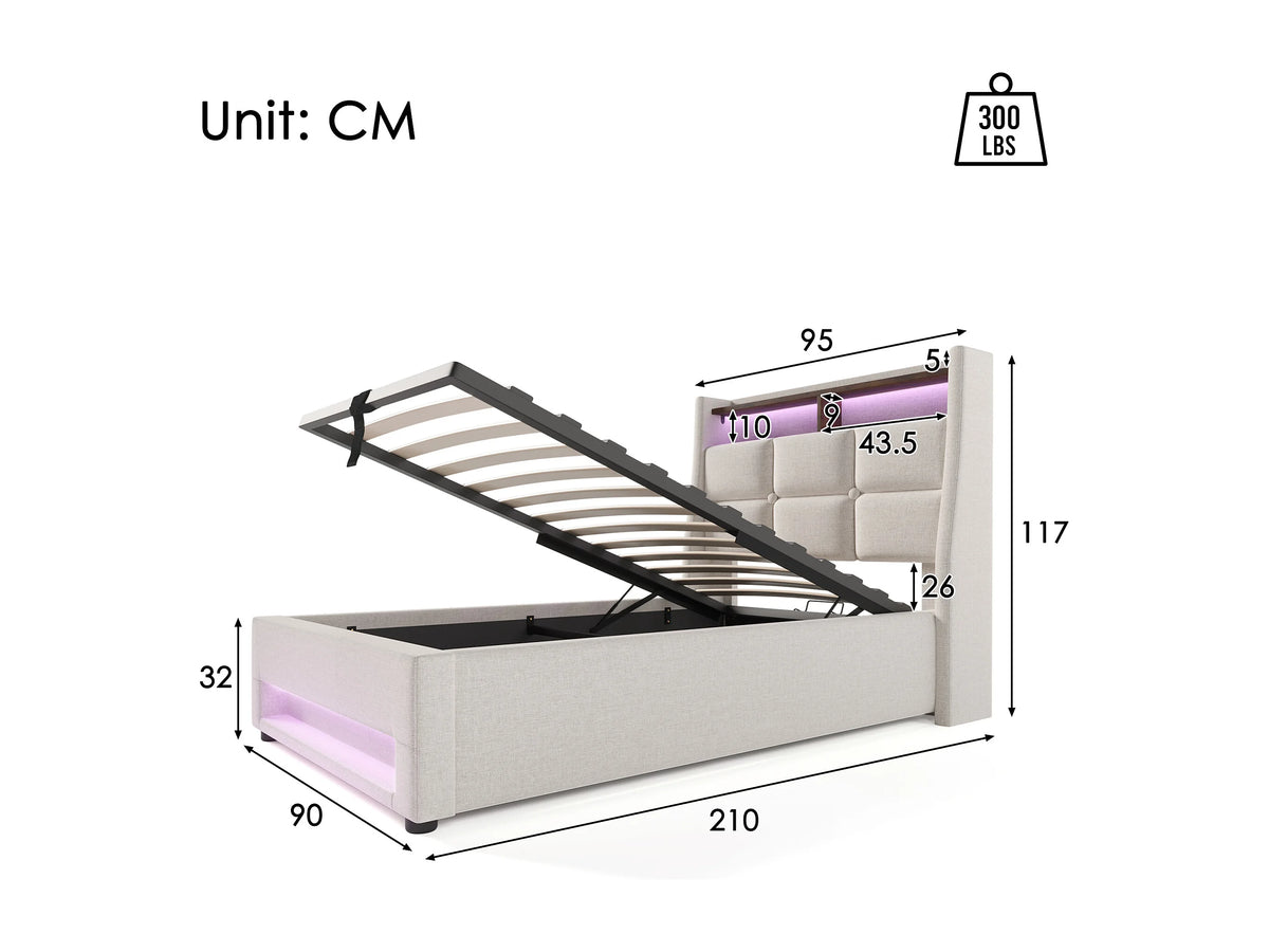Lit Coffre 90x200 Tissu Lin Beige avec LED et Port USB — vue 7