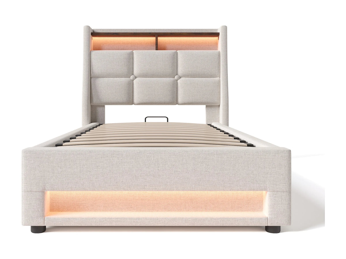 Lit Coffre 90x200 Tissu Lin Beige avec LED et Port USB — vue 6