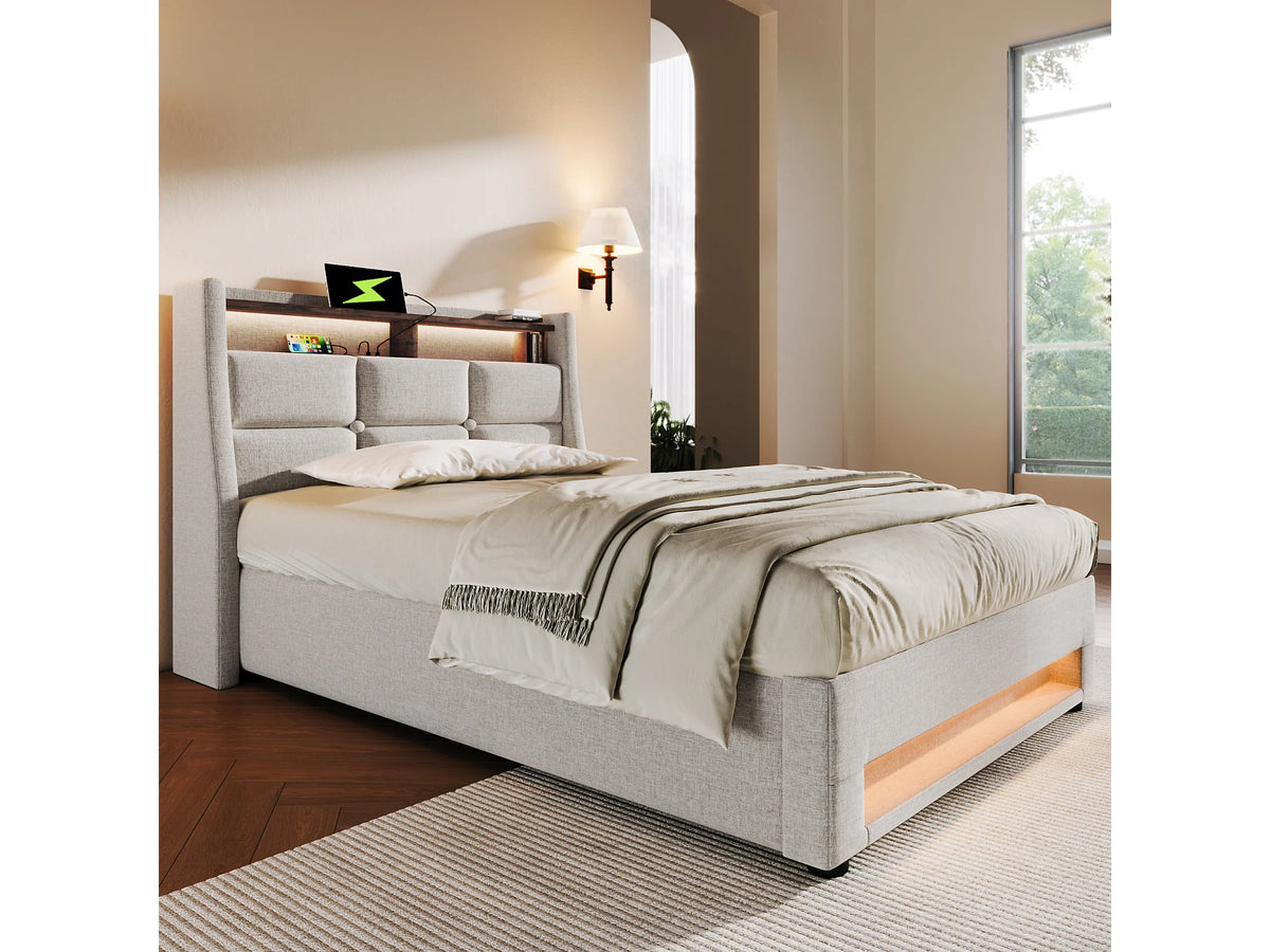 Lit Coffre 90x200 Tissu Lin Beige avec LED et Port USB — vue 5