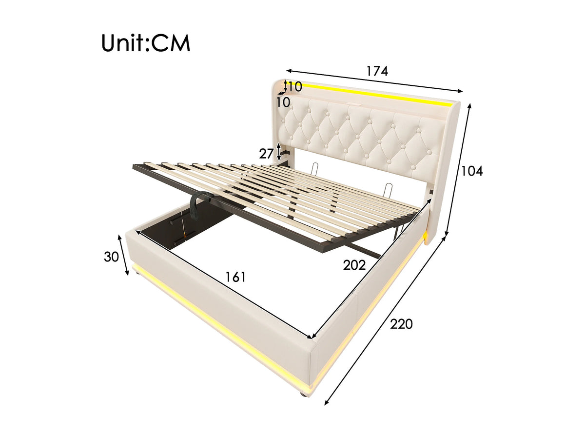 Lit Coffre 160x200 Simili Cuir Blanc avec LED et Port USB — vue 8