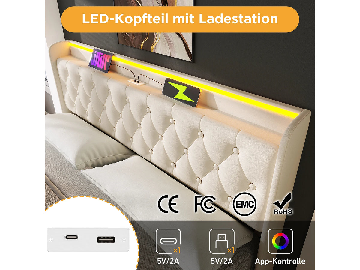 Lit Coffre 160x200 Simili Cuir Blanc avec LED et Port USB — vue 10