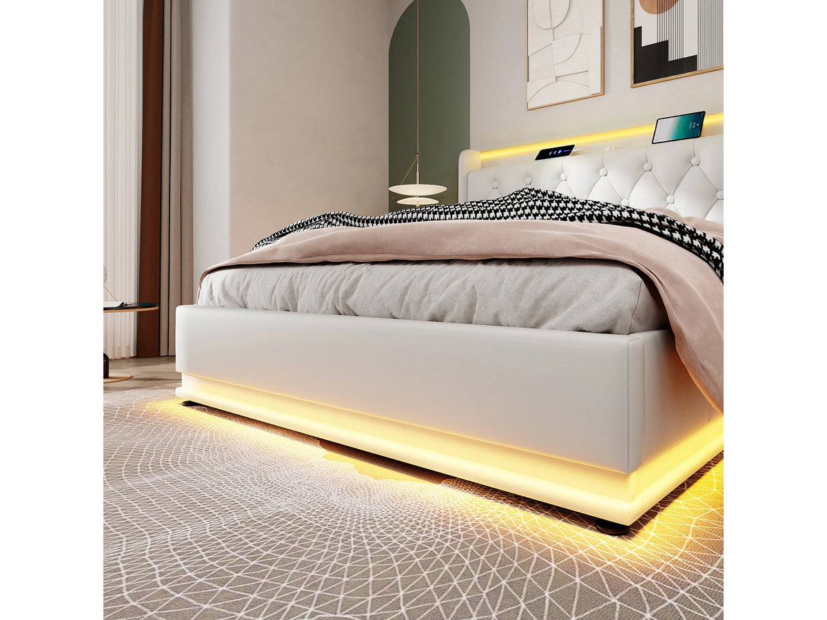 Lit Coffre 160x200 Simili Cuir Blanc avec LED et Port USB — vue 3